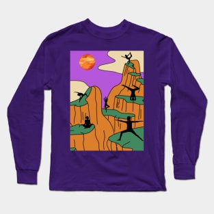 Animated Yoga Mountains Sun and River Graphic Long Sleeve T-Shirt